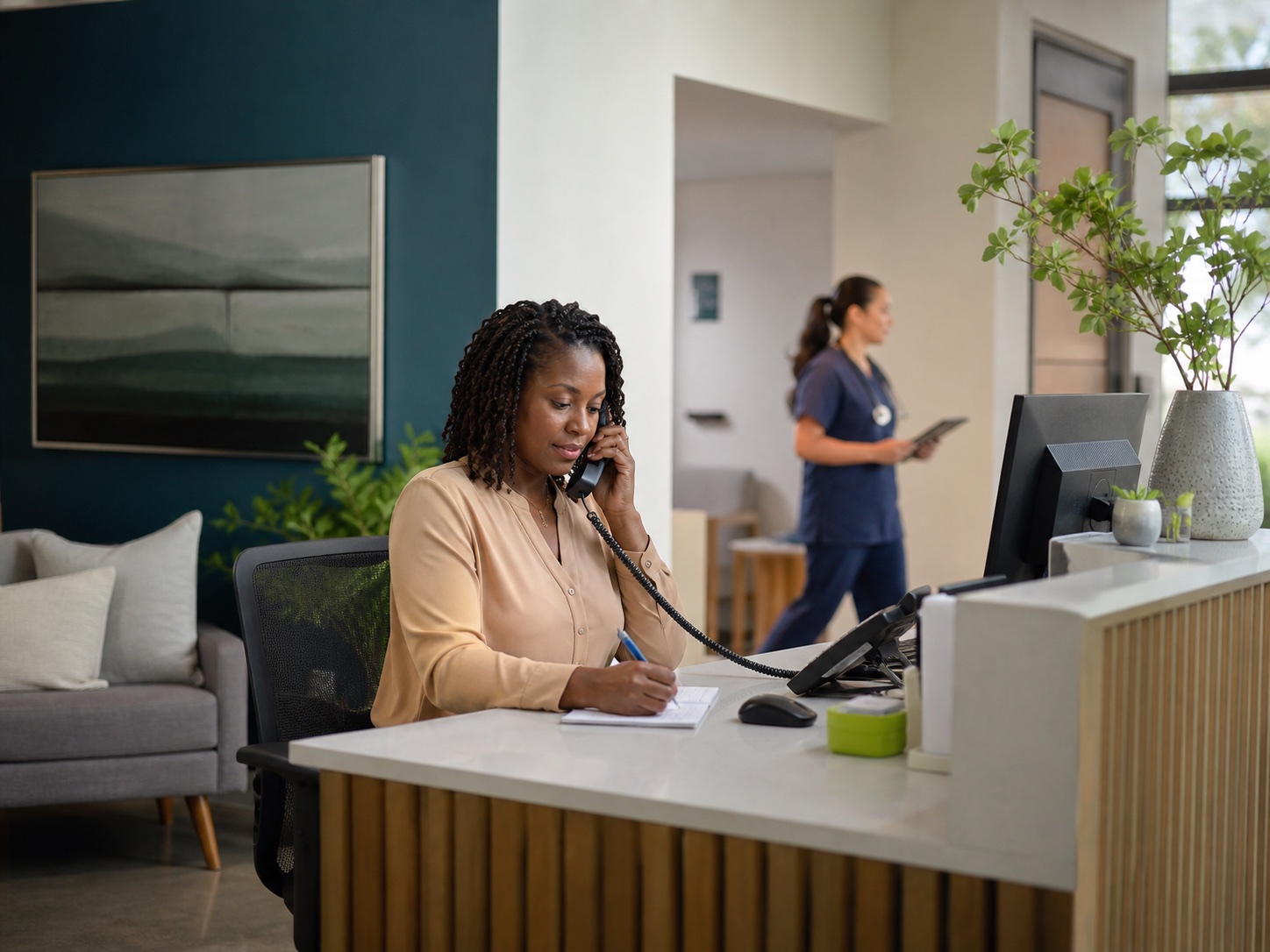 Front-desk coordinator answering a family phone call at a senior living community