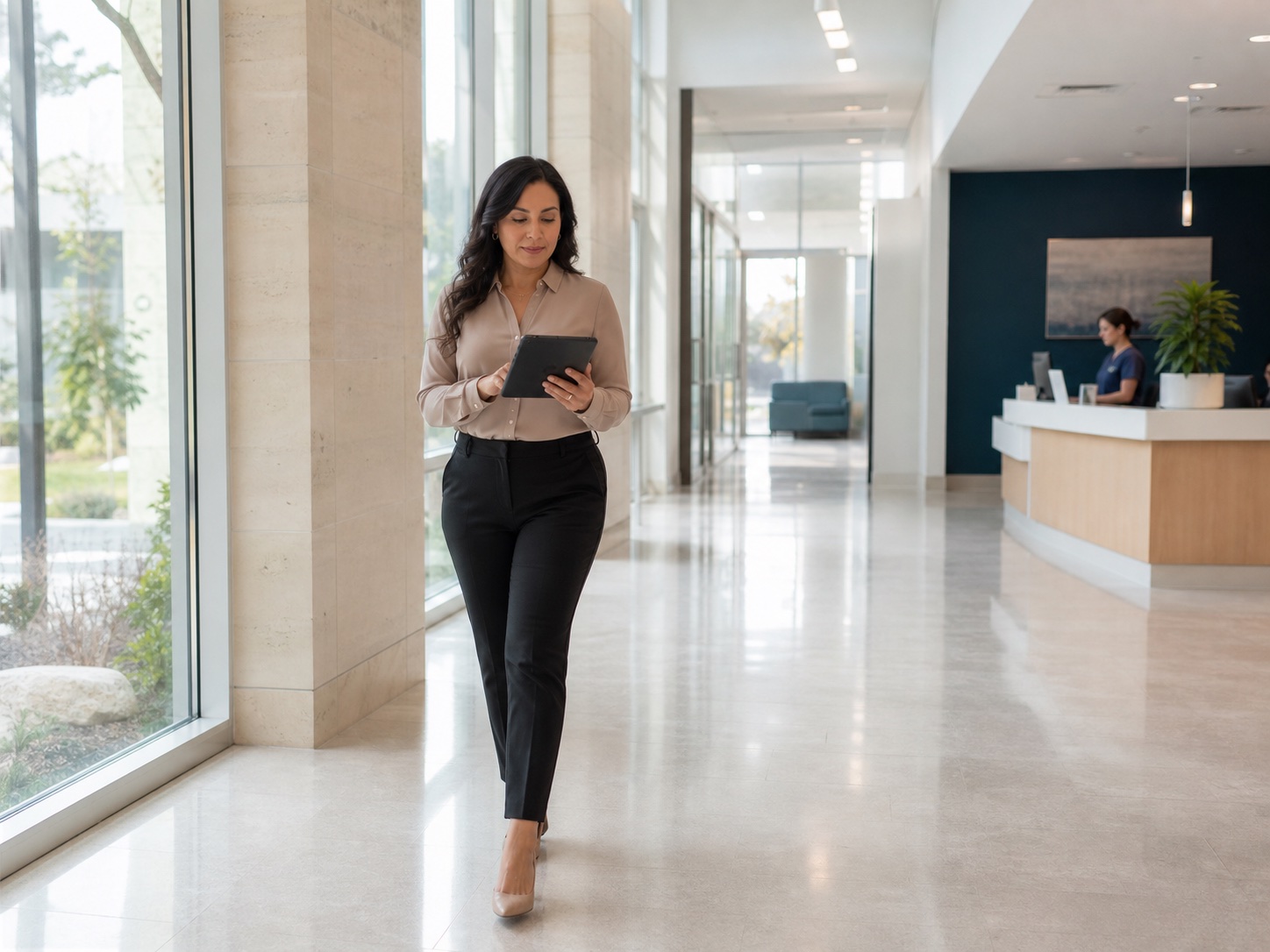 Healthcare administrator coordinating care in a modern clinic