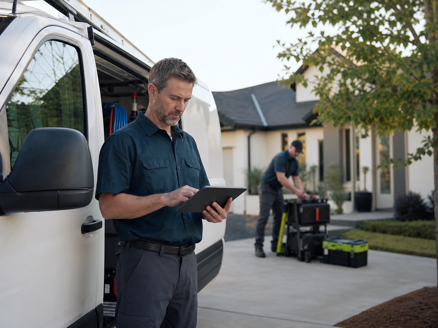 Field operations leader using a tablet beside a service vehicle