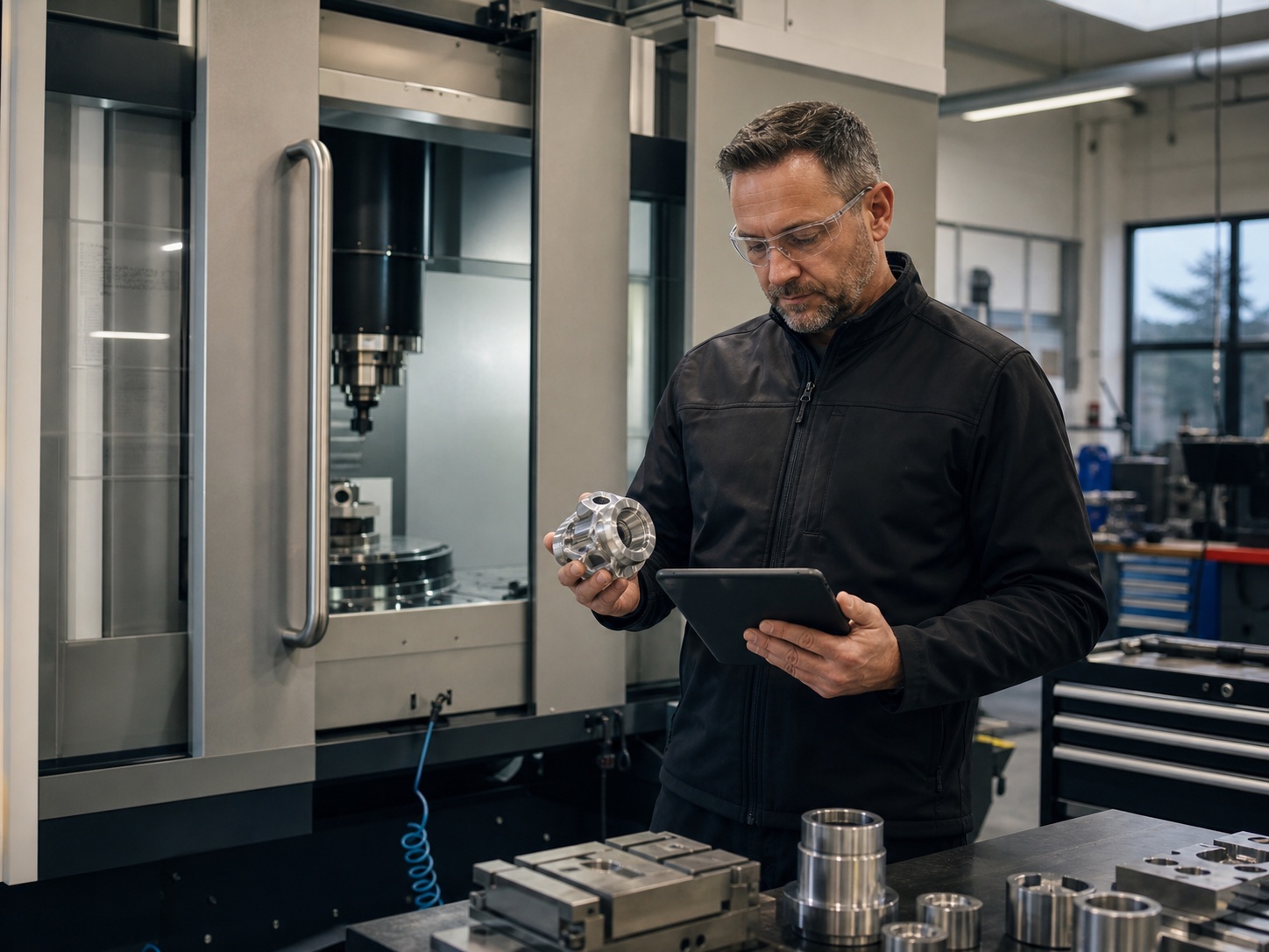 Manufacturing leader reviewing a precision-machined component