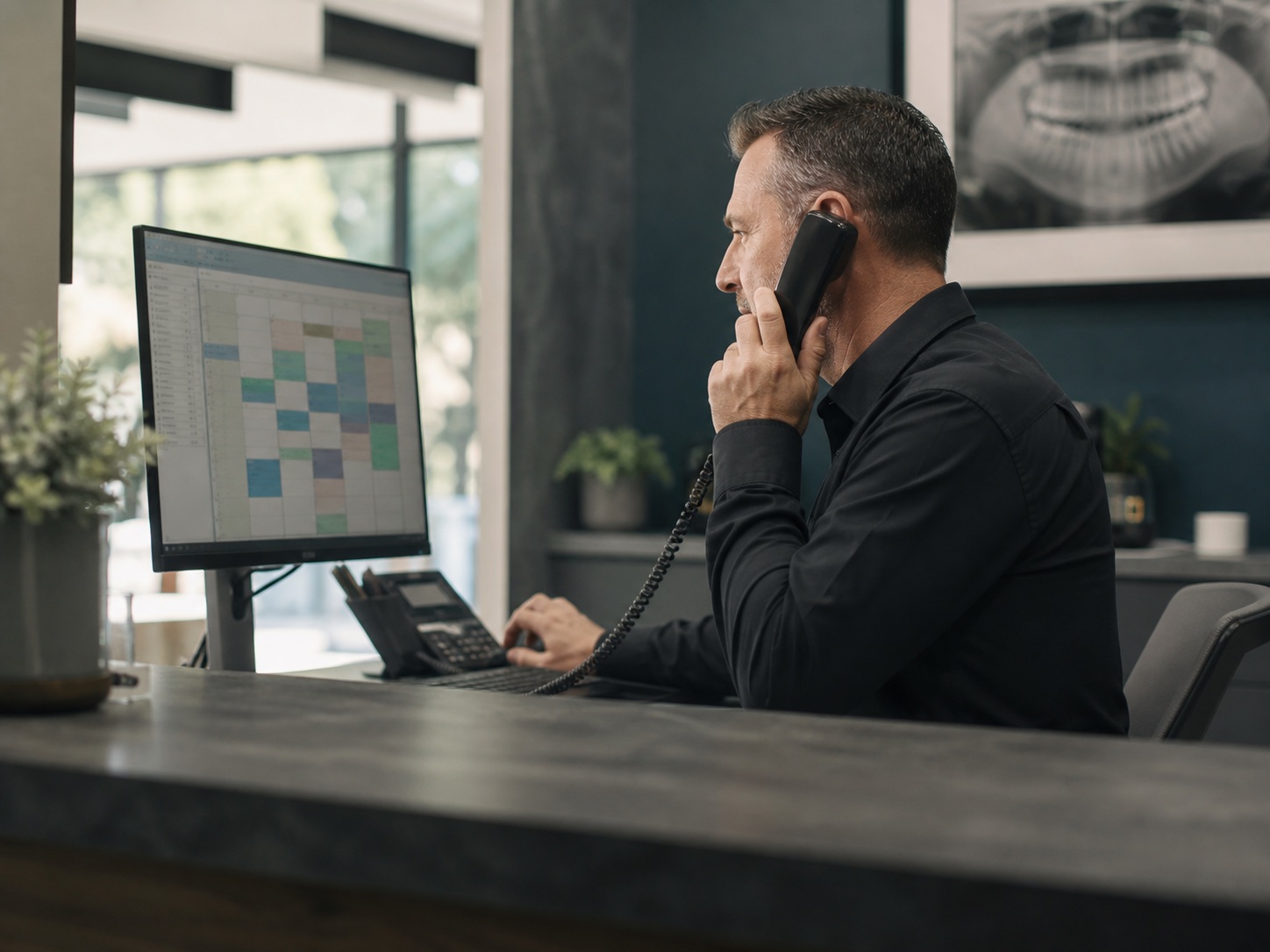 Office coordinator handling an inbound appointment call
